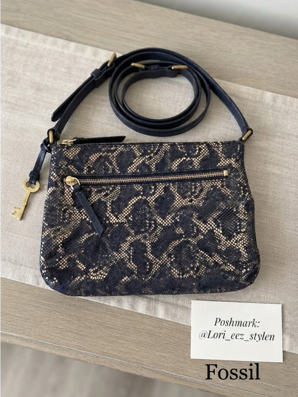Fossil Black and gold metallic Snakeskin-Pattern Crossbody Bag